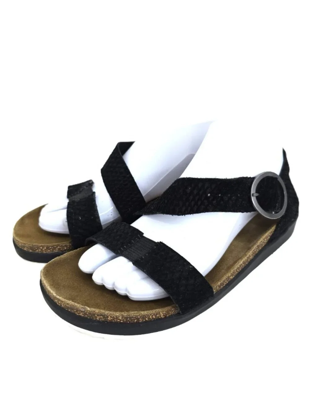 Aetrex Adrianna Snake Textured Quarter Strap Black Cork Comfort Sandals 7.5 / 8